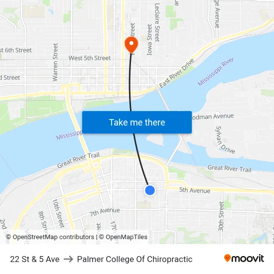 22 St & 5 Ave to Palmer College Of Chiropractic map