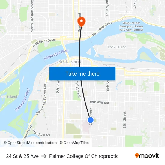 24 St & 25 Ave to Palmer College Of Chiropractic map