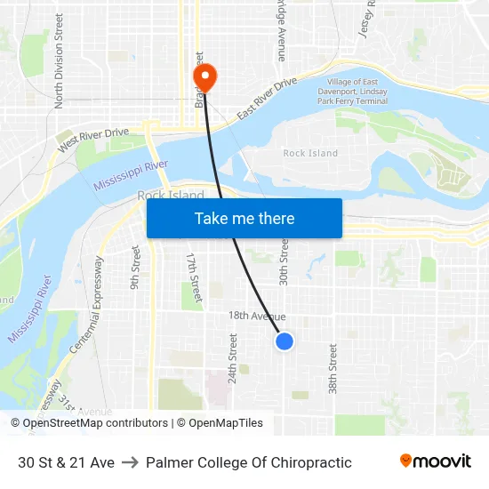 30 St & 21 Ave to Palmer College Of Chiropractic map