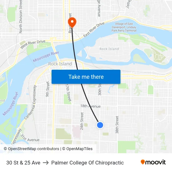 30 St & 25 Ave to Palmer College Of Chiropractic map