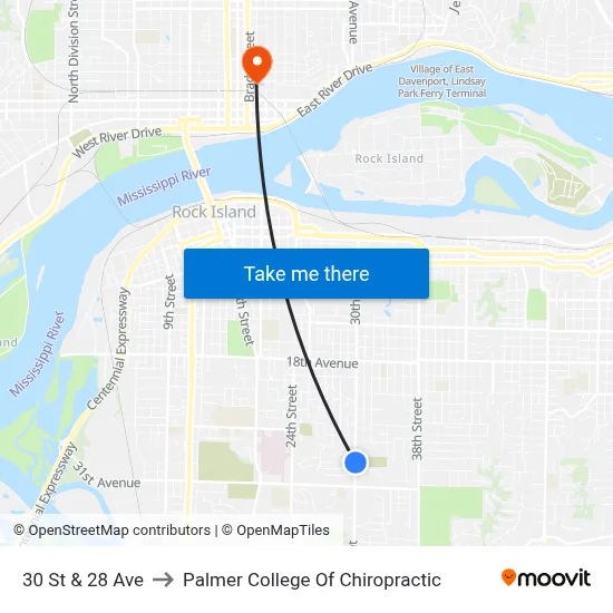 30 St & 28 Ave to Palmer College Of Chiropractic map