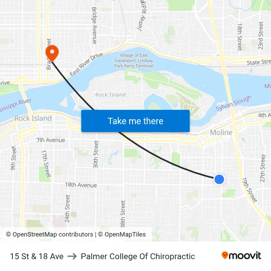 15 St & 18 Ave to Palmer College Of Chiropractic map