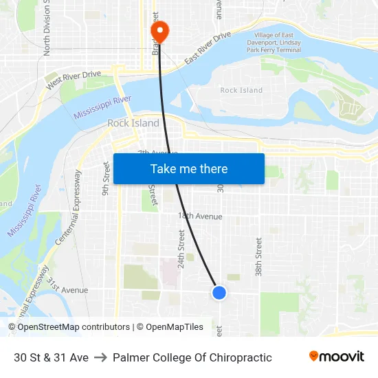 30 St & 31 Ave to Palmer College Of Chiropractic map