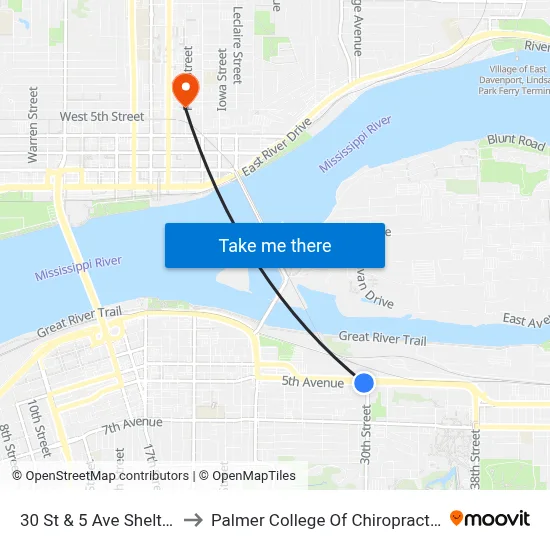 30 St & 5 Ave Shelter to Palmer College Of Chiropractic map