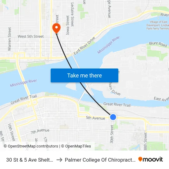 30 St & 5 Ave Shelter to Palmer College Of Chiropractic map