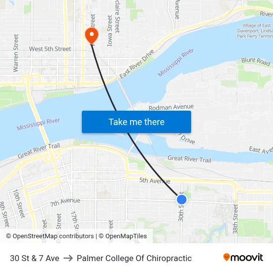30 St & 7 Ave to Palmer College Of Chiropractic map
