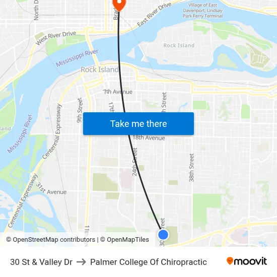 30 St & Valley Dr to Palmer College Of Chiropractic map