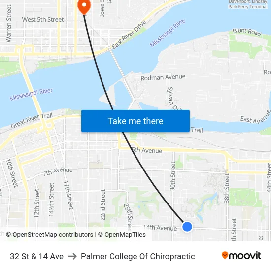 32 St & 14 Ave to Palmer College Of Chiropractic map