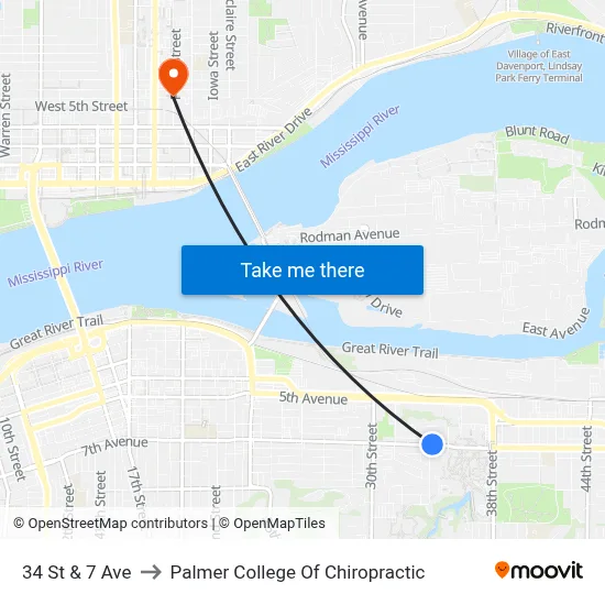 34 St & 7 Ave to Palmer College Of Chiropractic map