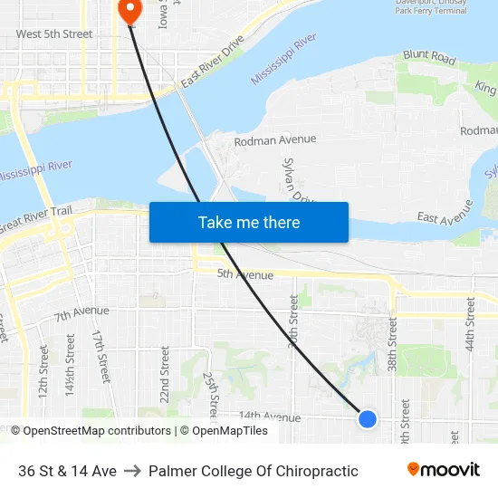 36 St & 14 Ave to Palmer College Of Chiropractic map