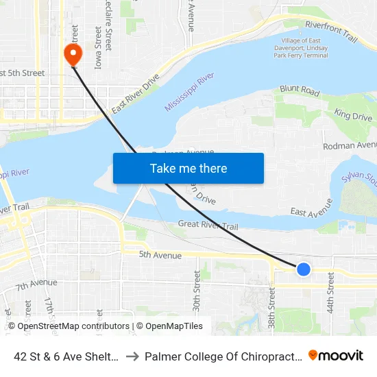 42 St & 6 Ave Shelter to Palmer College Of Chiropractic map