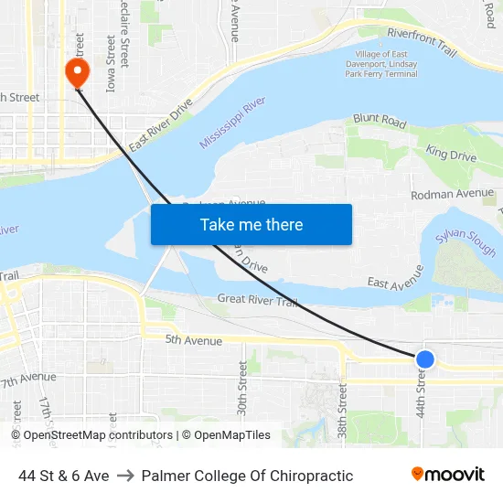 44 St & 6 Ave to Palmer College Of Chiropractic map