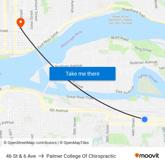 46 St & 6 Ave to Palmer College Of Chiropractic map