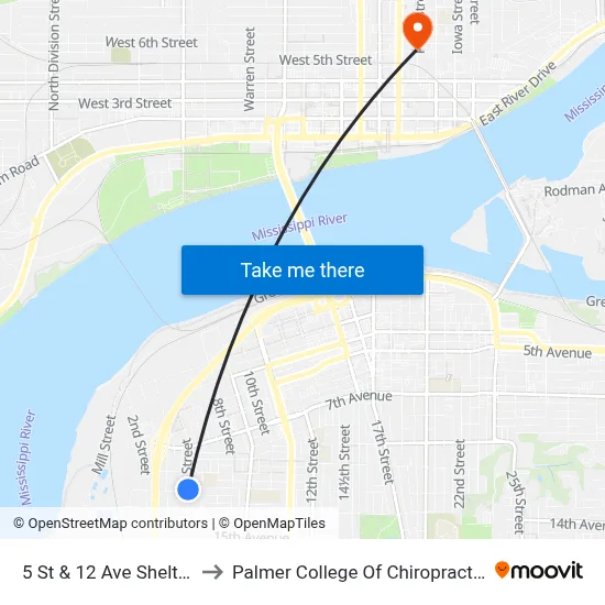 5 St & 12 Ave Shelter to Palmer College Of Chiropractic map