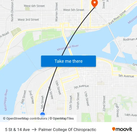 5 St & 14 Ave to Palmer College Of Chiropractic map