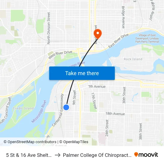 5 St & 16 Ave Shelter to Palmer College Of Chiropractic map