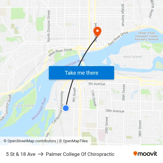 5 St & 18 Ave to Palmer College Of Chiropractic map