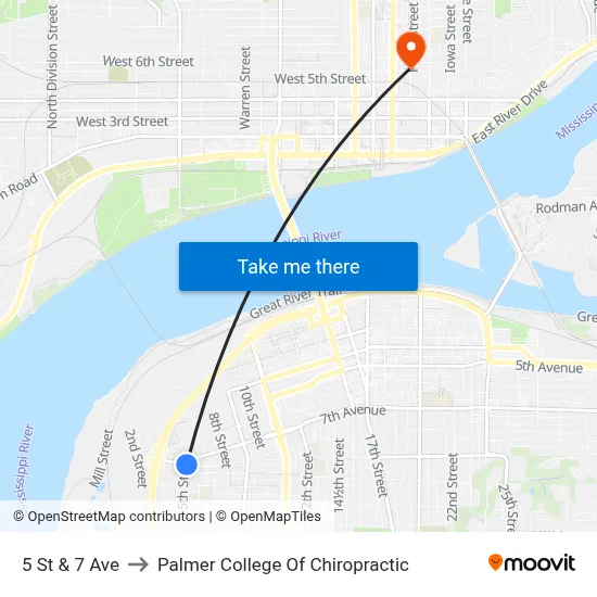 5 St & 7 Ave to Palmer College Of Chiropractic map
