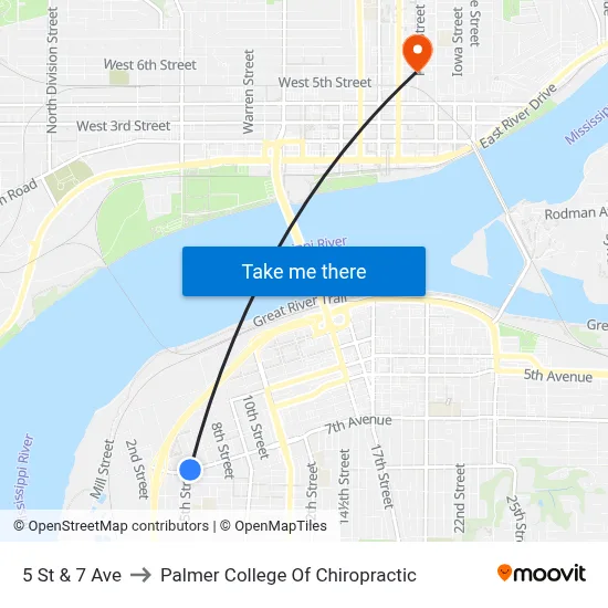 5 St & 7 Ave to Palmer College Of Chiropractic map