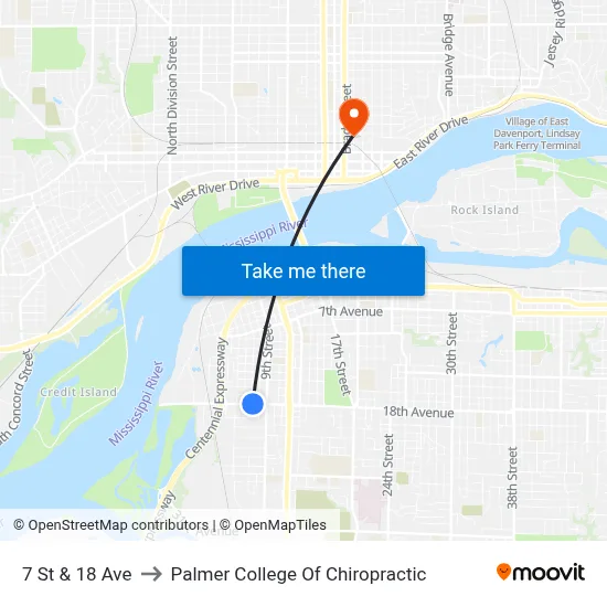 7 St & 18 Ave to Palmer College Of Chiropractic map