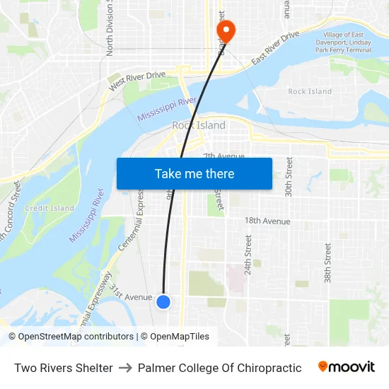 Two Rivers Shelter to Palmer College Of Chiropractic map