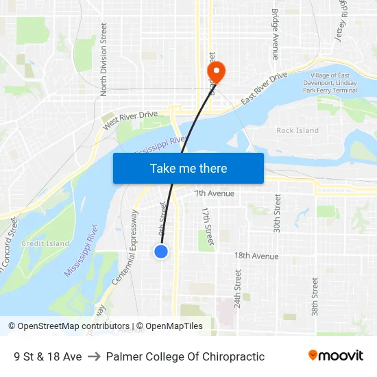 9 St & 18 Ave to Palmer College Of Chiropractic map