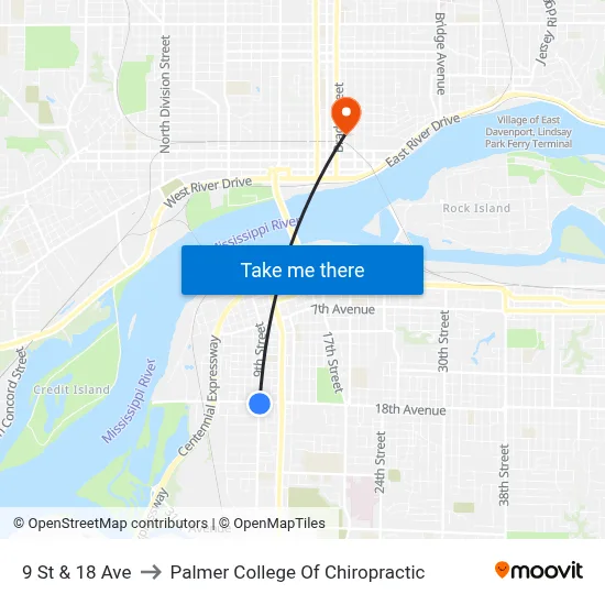 9 St & 18 Ave to Palmer College Of Chiropractic map