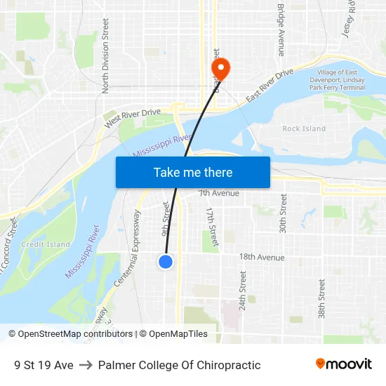 9 St 19 Ave to Palmer College Of Chiropractic map