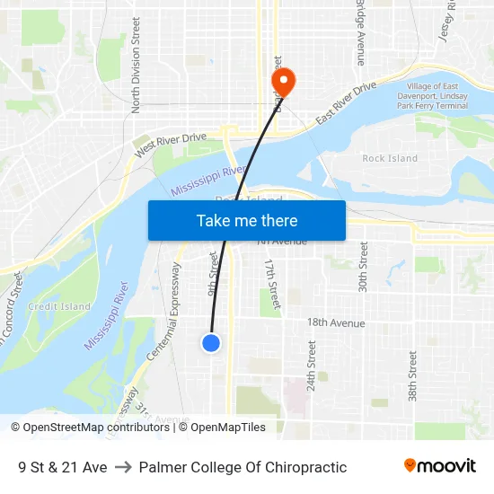 9 St & 21 Ave to Palmer College Of Chiropractic map