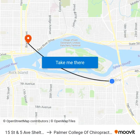 15 St & 5 Ave Shelter to Palmer College Of Chiropractic map