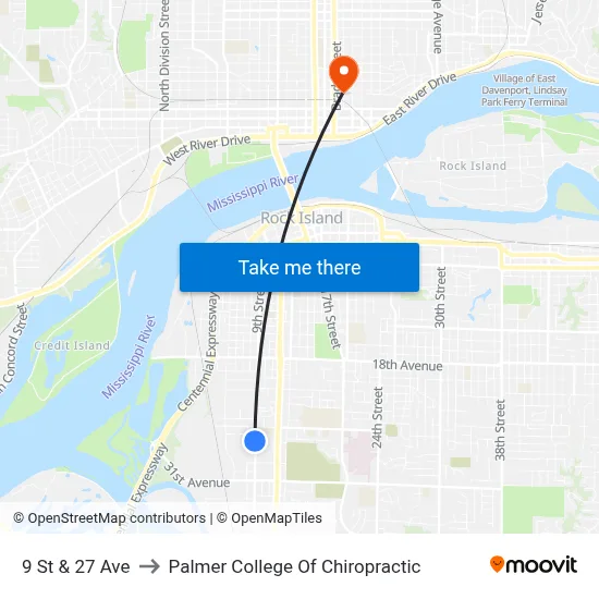9 St & 27 Ave to Palmer College Of Chiropractic map