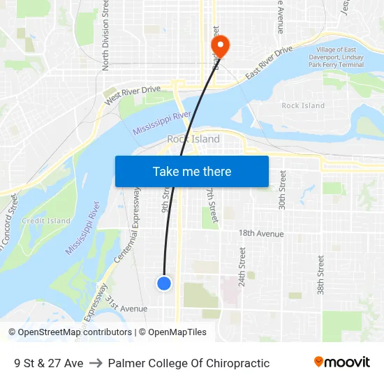 9 St & 27 Ave to Palmer College Of Chiropractic map