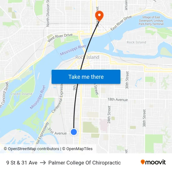 9 St & 31 Ave to Palmer College Of Chiropractic map