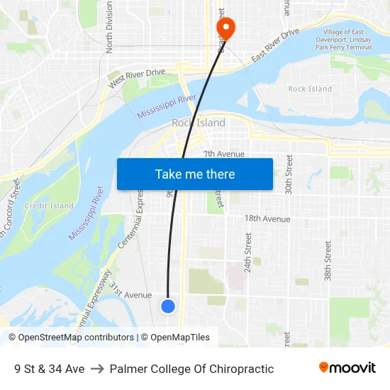 9 St & 34 Ave to Palmer College Of Chiropractic map