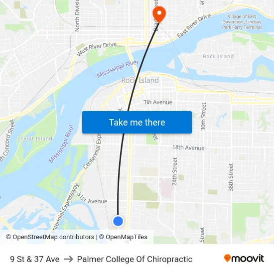 9 St & 37 Ave to Palmer College Of Chiropractic map