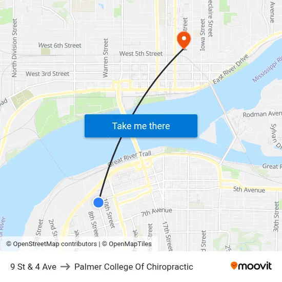 9 St & 4 Ave to Palmer College Of Chiropractic map