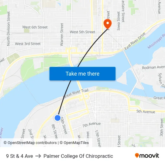 9 St & 4 Ave to Palmer College Of Chiropractic map
