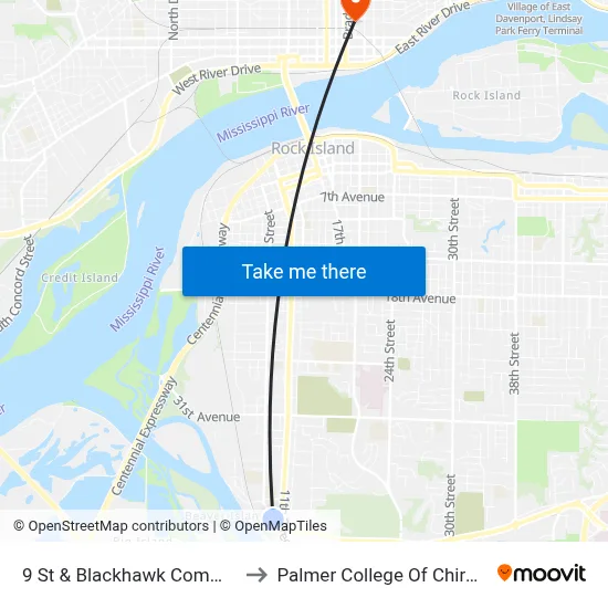 9 St & Blackhawk Commons Rd to Palmer College Of Chiropractic map