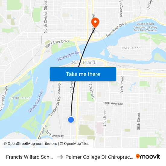 Francis Willard School to Palmer College Of Chiropractic map