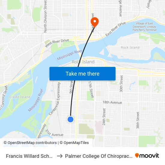 Francis Willard School to Palmer College Of Chiropractic map