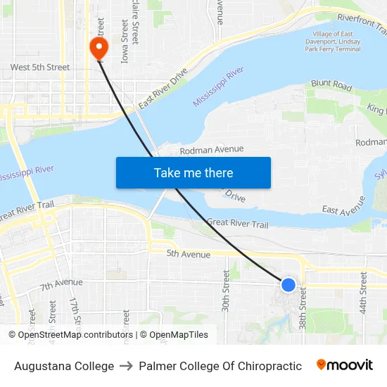 Augustana College to Palmer College Of Chiropractic map