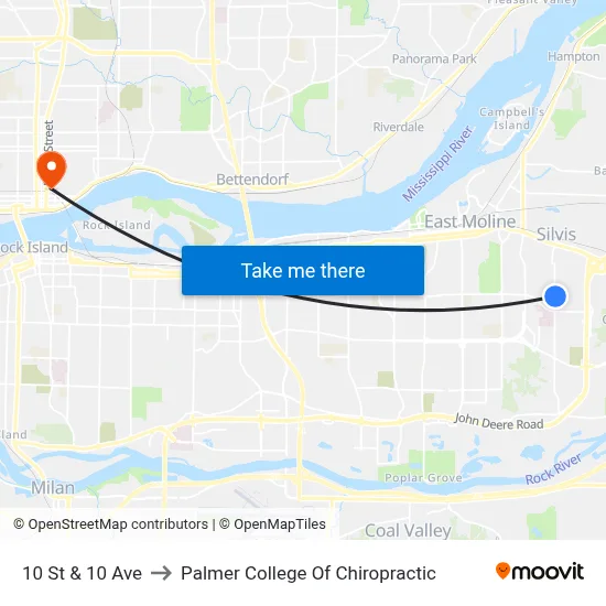 10 St & 10 Ave to Palmer College Of Chiropractic map
