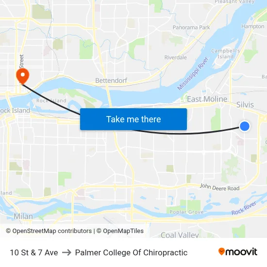 10 St & 7 Ave to Palmer College Of Chiropractic map