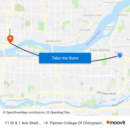 11 St & 1 Ave Shelter to Palmer College Of Chiropractic map