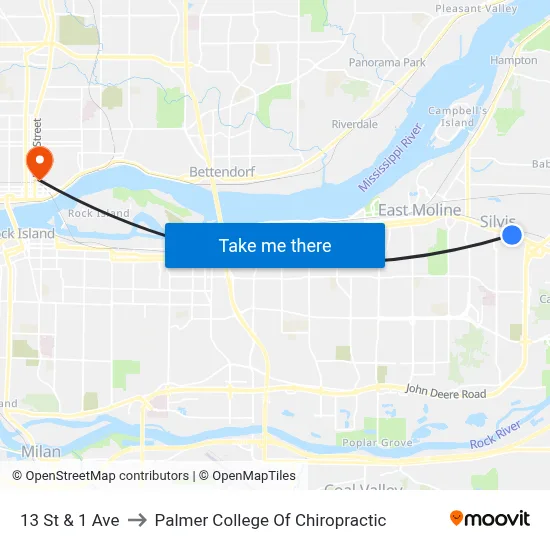 13 St & 1 Ave to Palmer College Of Chiropractic map