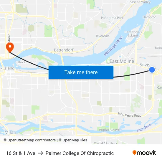 16 St & 1 Ave to Palmer College Of Chiropractic map