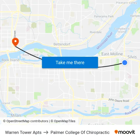 Warren Tower Apts to Palmer College Of Chiropractic map