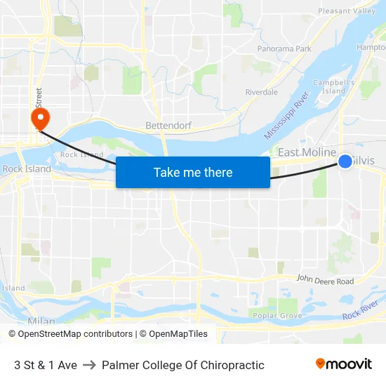 3 St & 1 Ave to Palmer College Of Chiropractic map