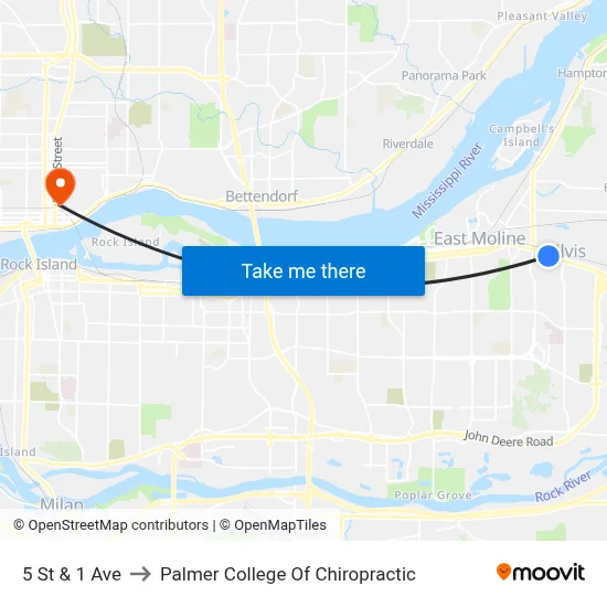 5 St & 1 Ave to Palmer College Of Chiropractic map
