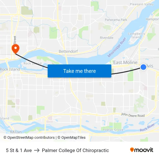 5 St & 1 Ave to Palmer College Of Chiropractic map